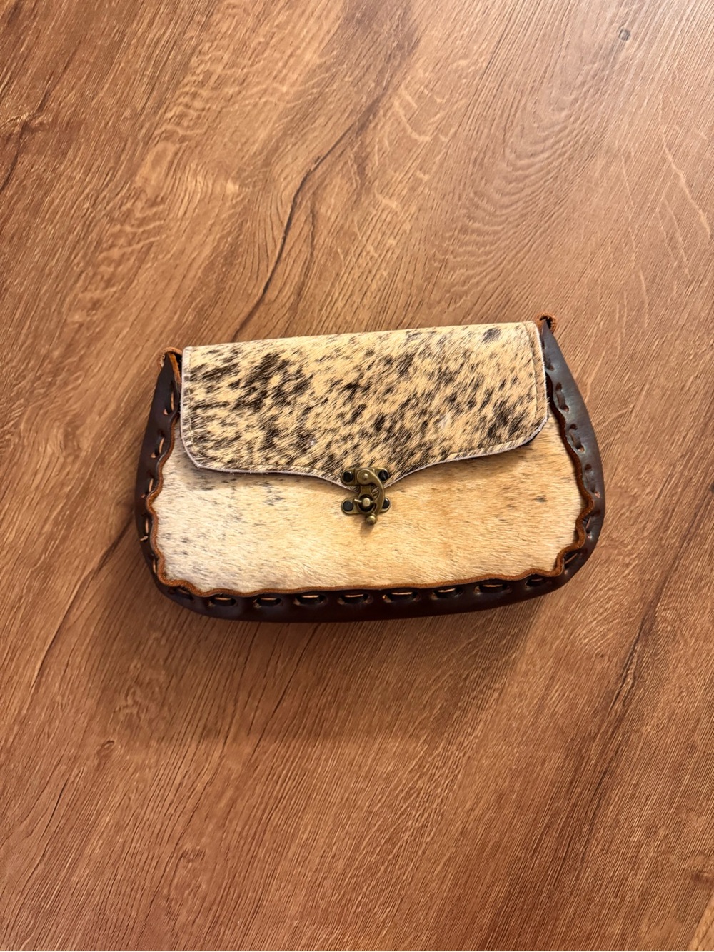 Cowhide Leather Clutch Wristlet in Cream and Brown